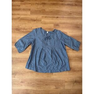 Old Navy Womens XL Blue Chambray Pintuck Tie Neck 3/4 Sleeve Boho Blouse Top